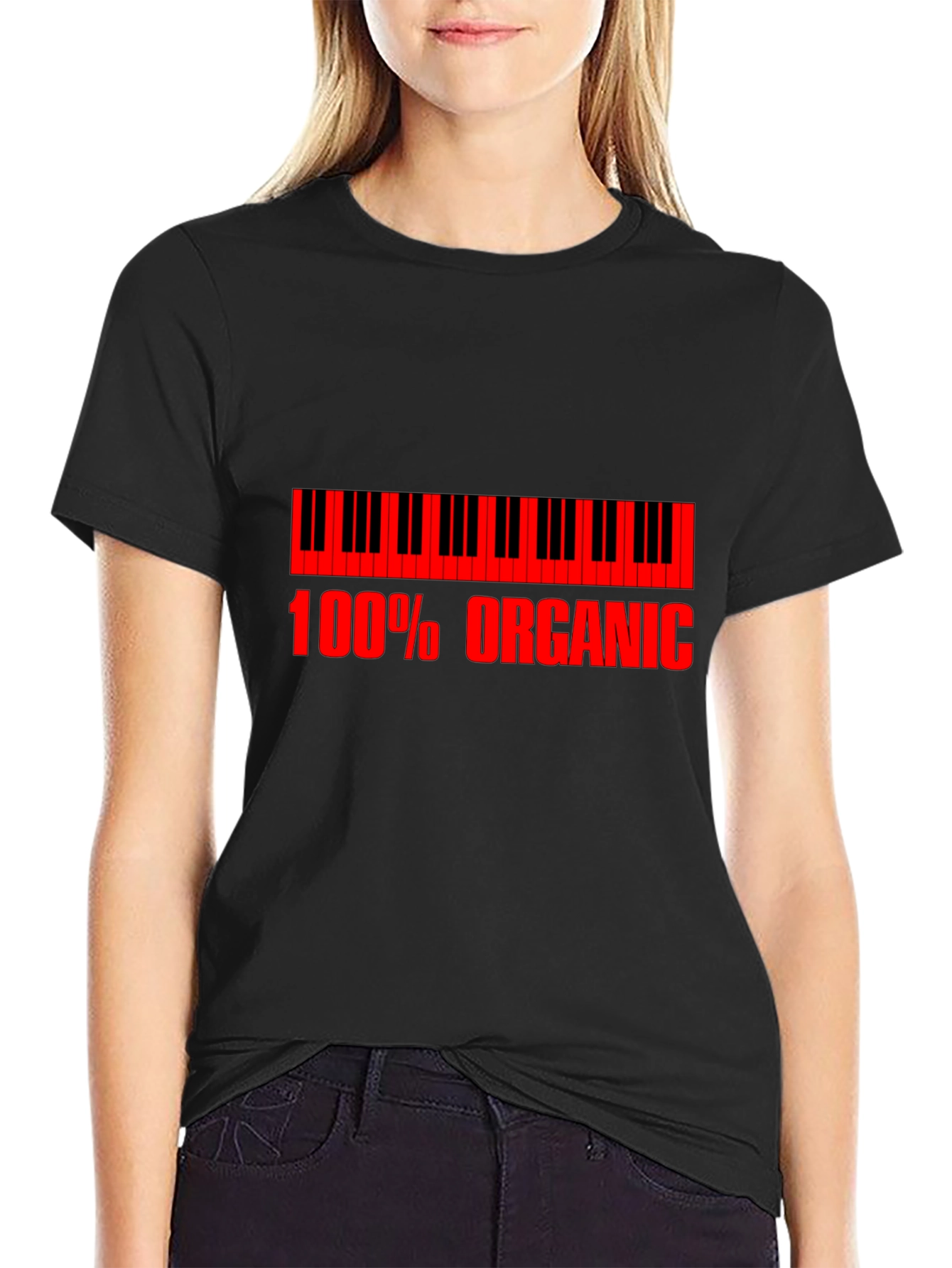 Organic Piano T-Shirt - Red Print on Black