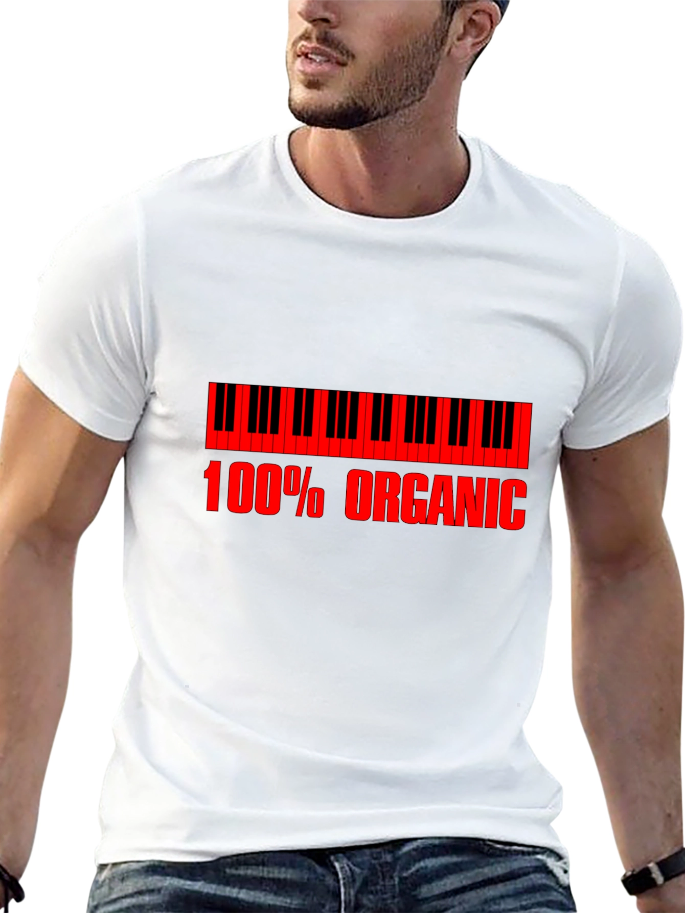 Organic Piano T-Shirt - Red Print on Black