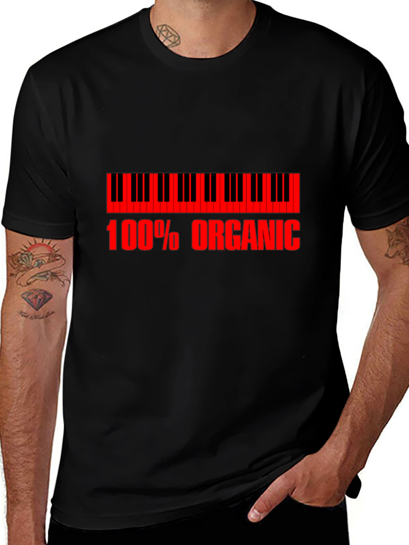 Organic Piano T-Shirt - Red Print on Black