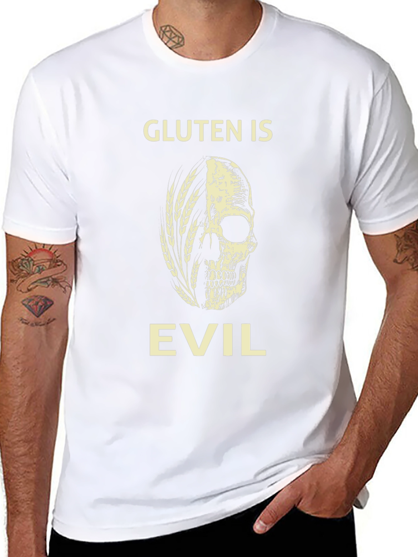 Gluten is Evil T-Shirt - Skull & Wheat Design