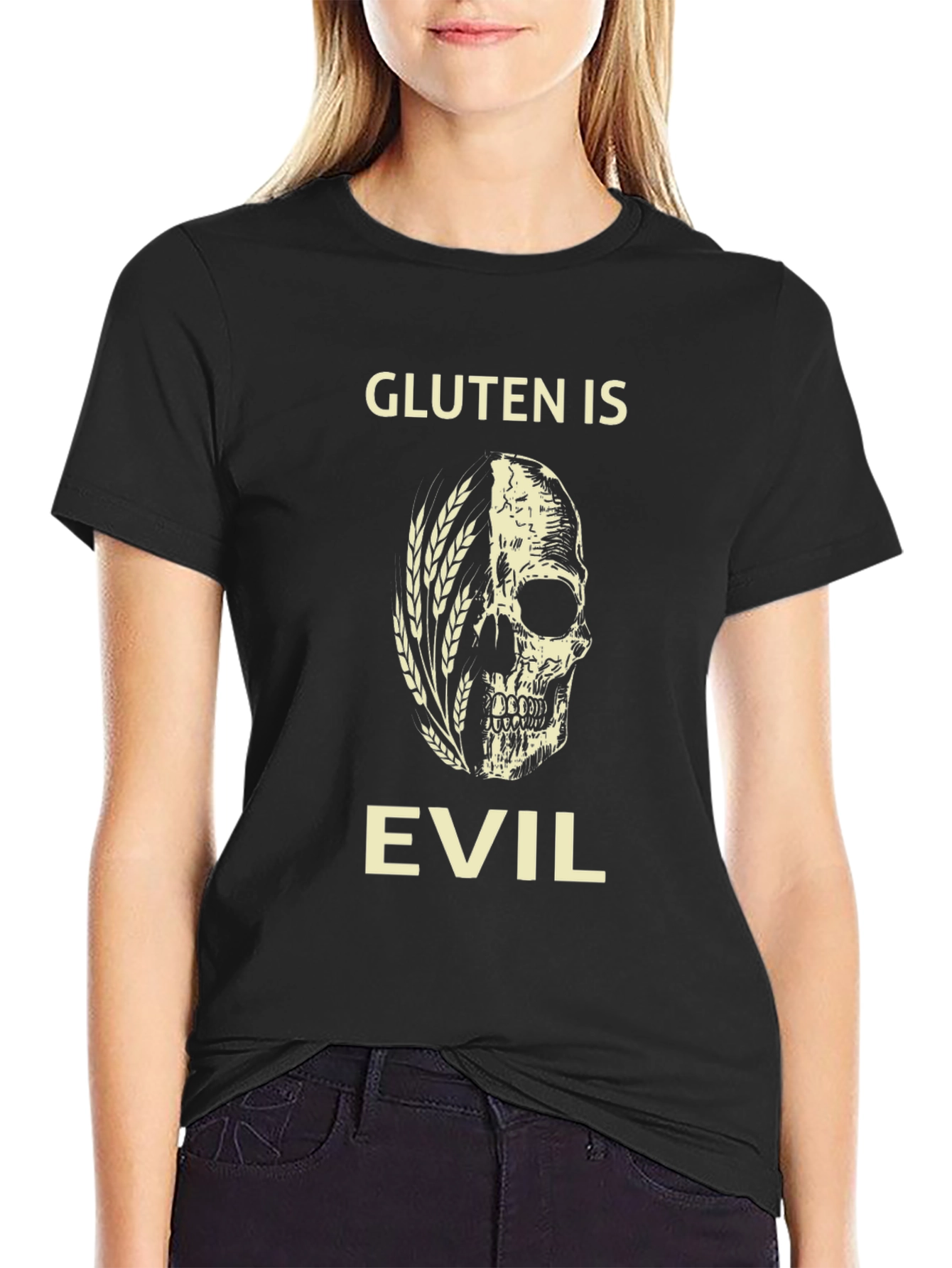 Gluten is Evil T-Shirt - Skull & Wheat Design