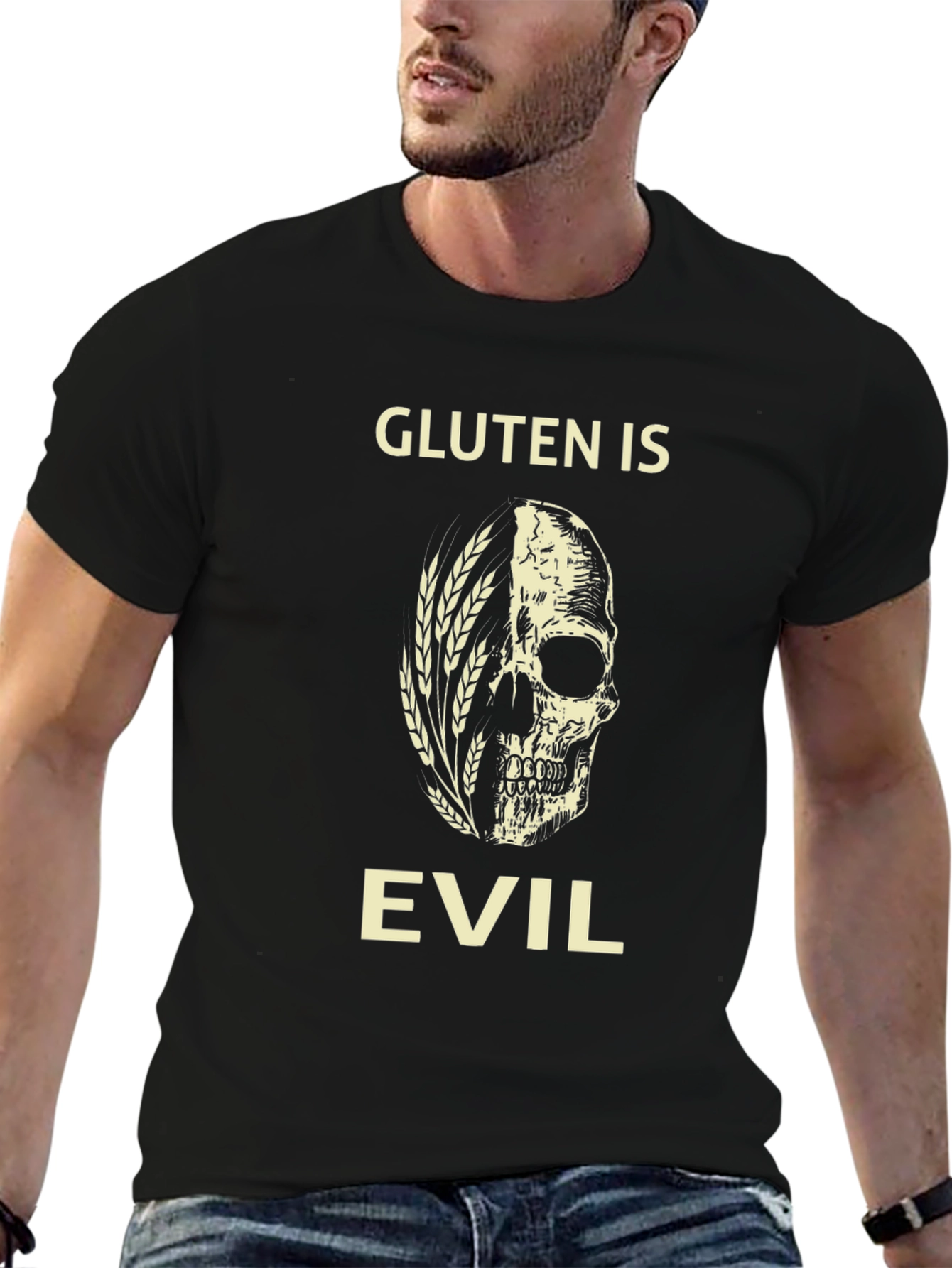 Gluten is Evil T-Shirt - Skull & Wheat Design