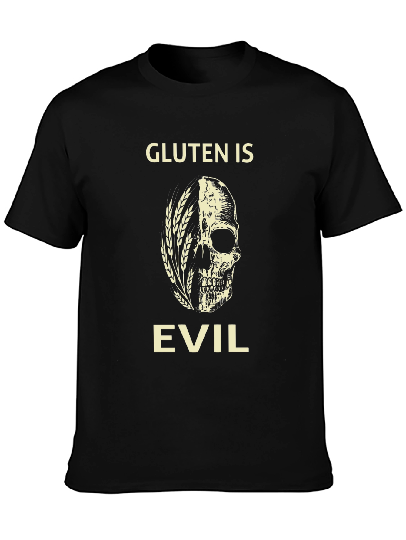 Gluten is Evil T-Shirt - Skull & Wheat Design