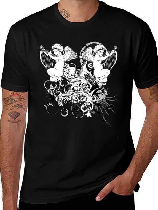 Angelic Harpist Graphic Tee - Black Cotton Comfort