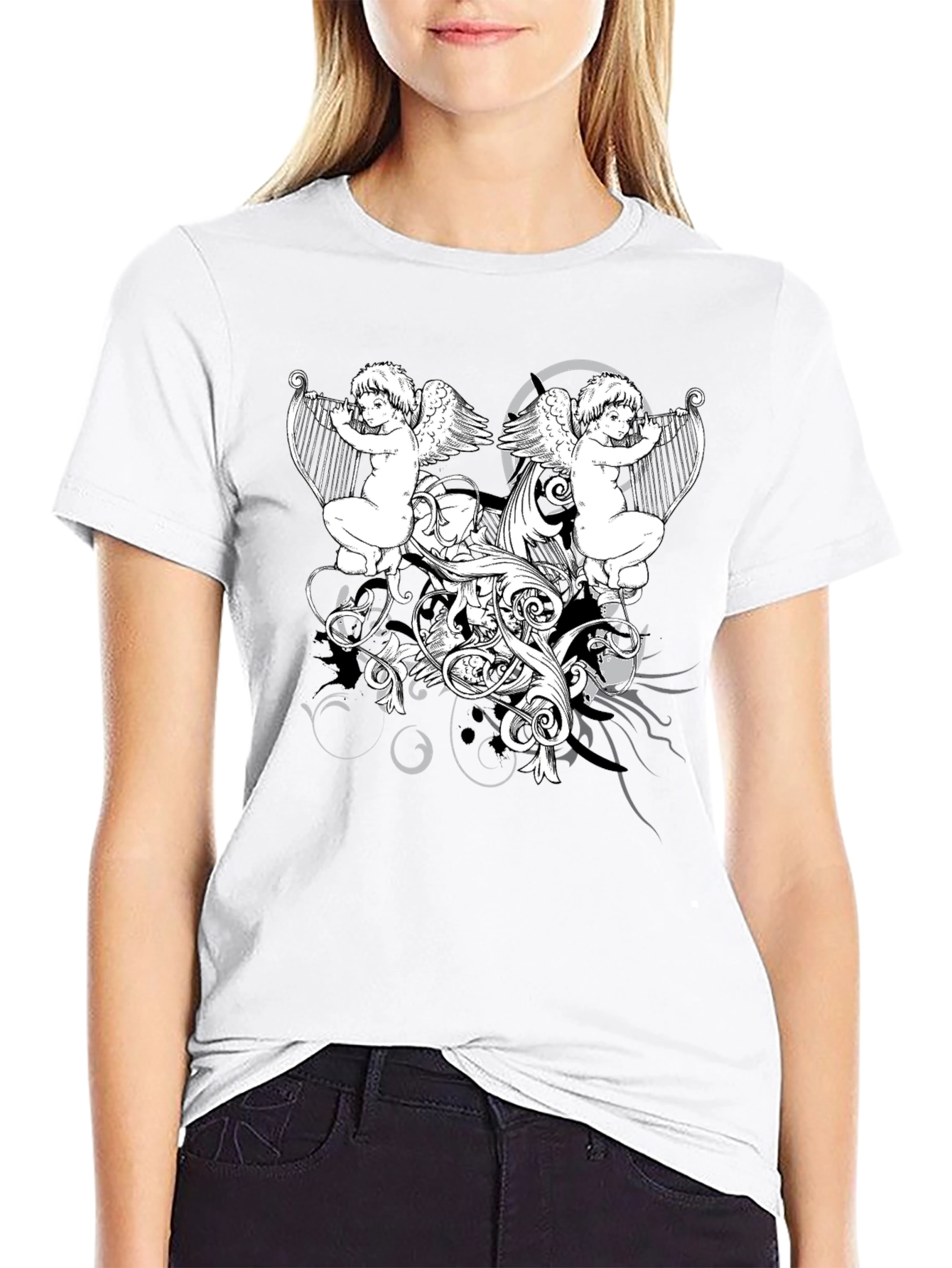 Angelic Harpist Graphic Tee - Black Cotton Comfort