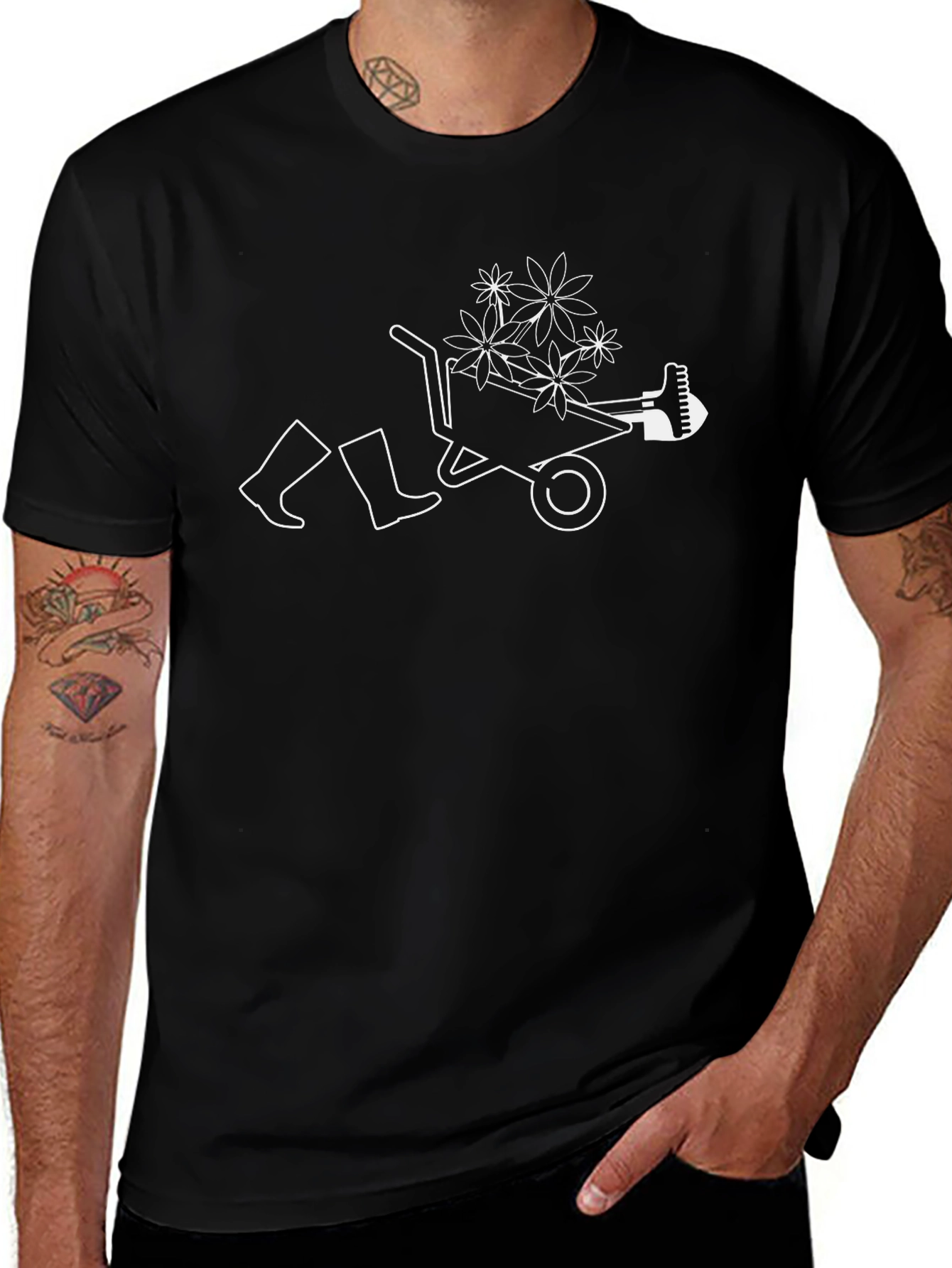 Gardening Humor T-Shirt - Wheelbarrow Boots & Flowers