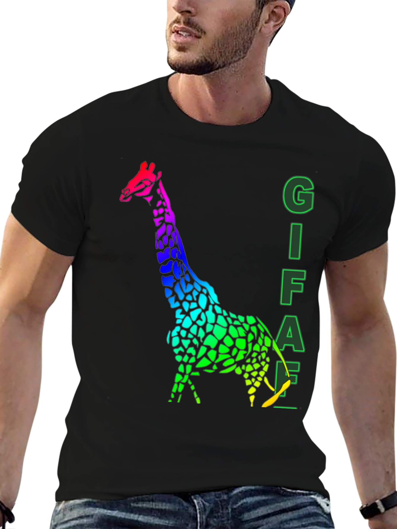 Rainbow Giraffe Graphic Tee - Mens Black T-Shirt