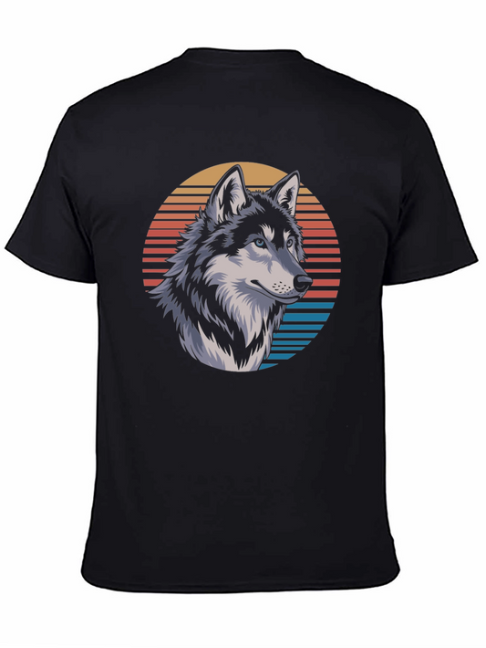 Wolf Graphic Tee - Retro Sunset Design Black T-Shirt