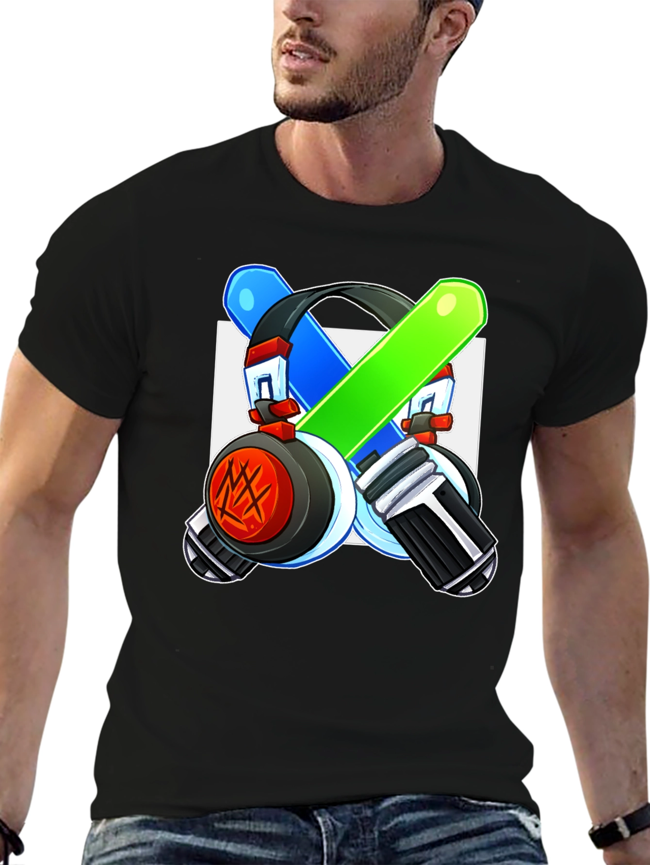 Cool Graphic Tee - Headphones & Light Saber Design