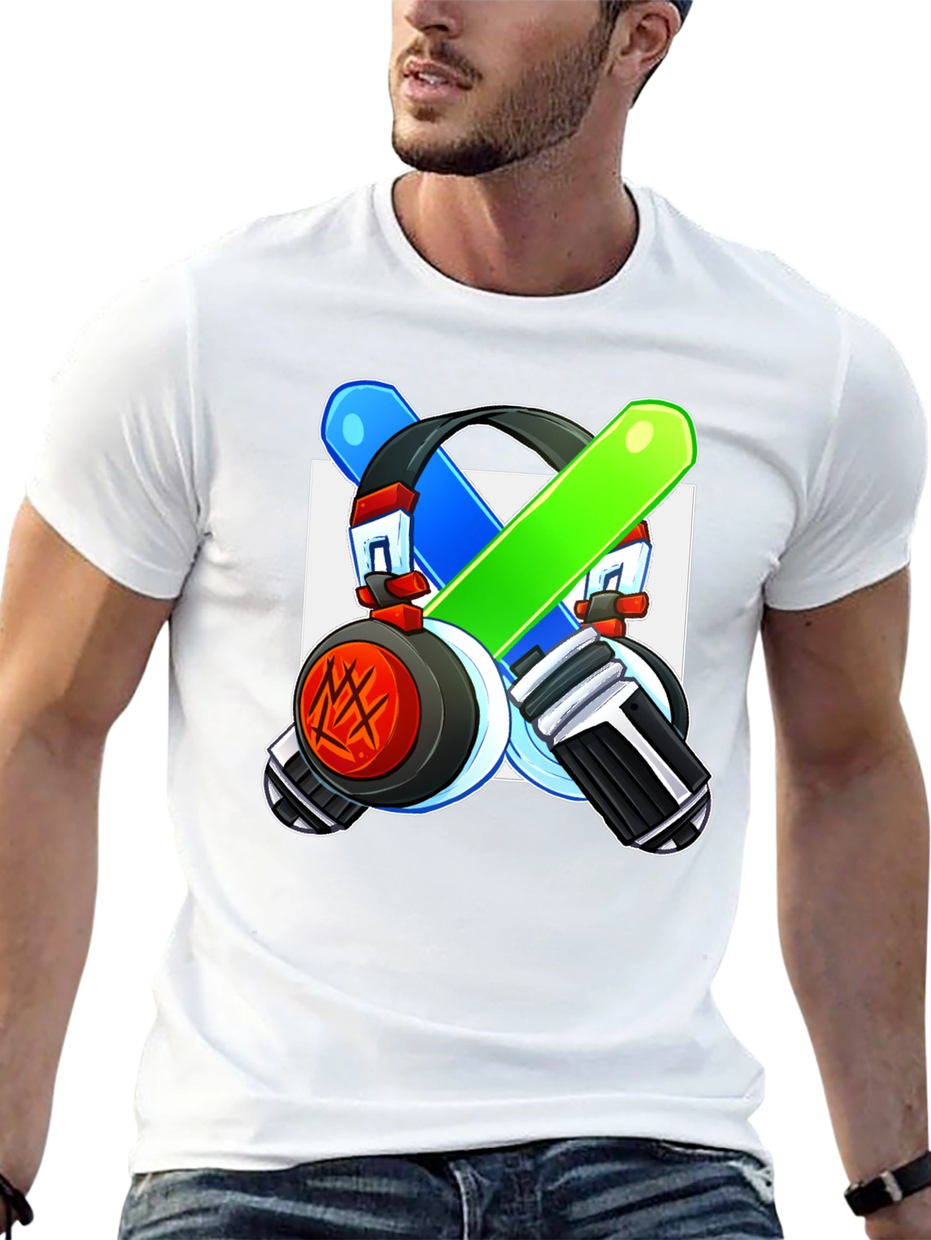Cool Graphic Tee - Headphones & Light Saber Design
