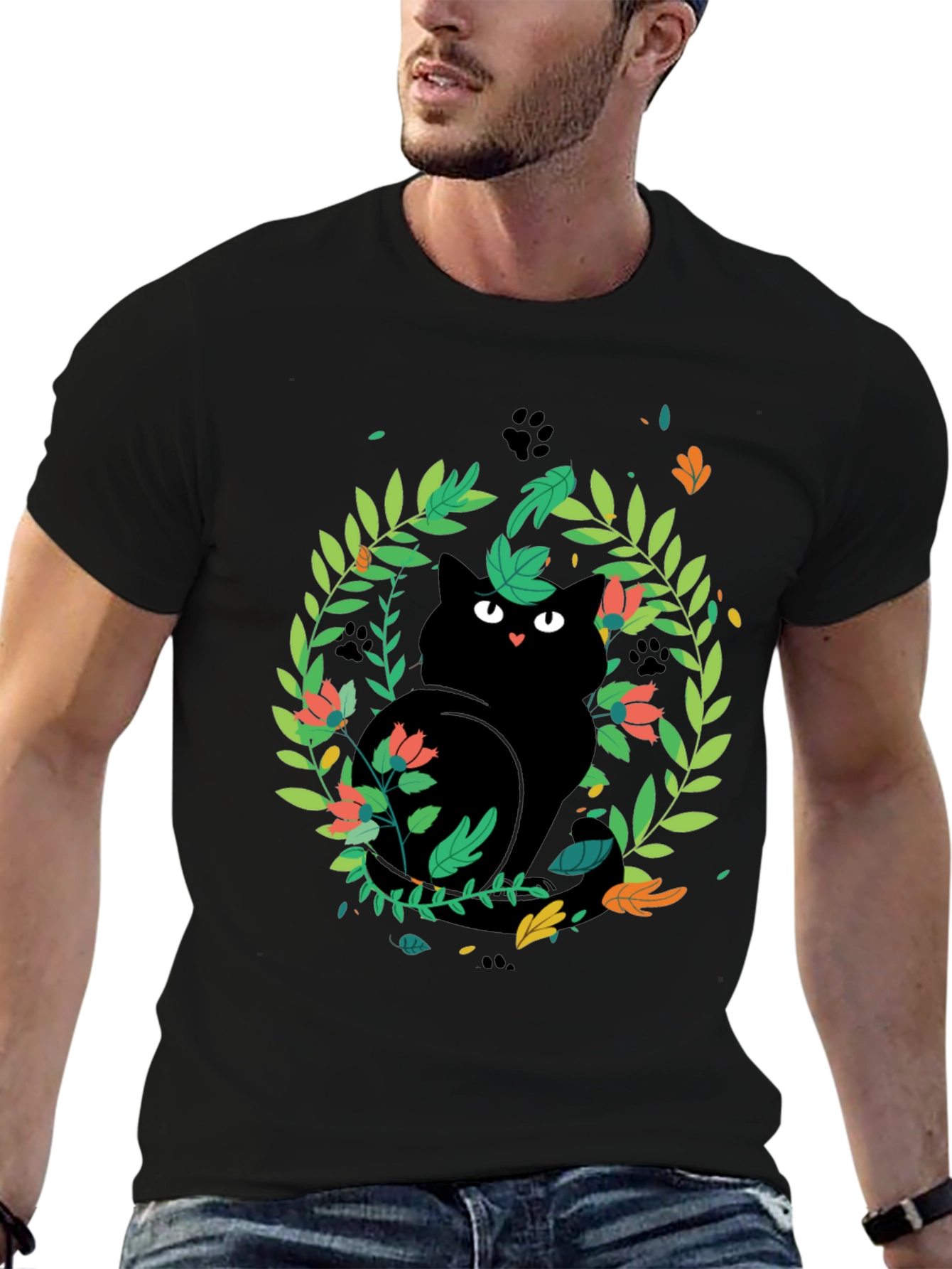 Black Cat Floral Wreath T-Shirt