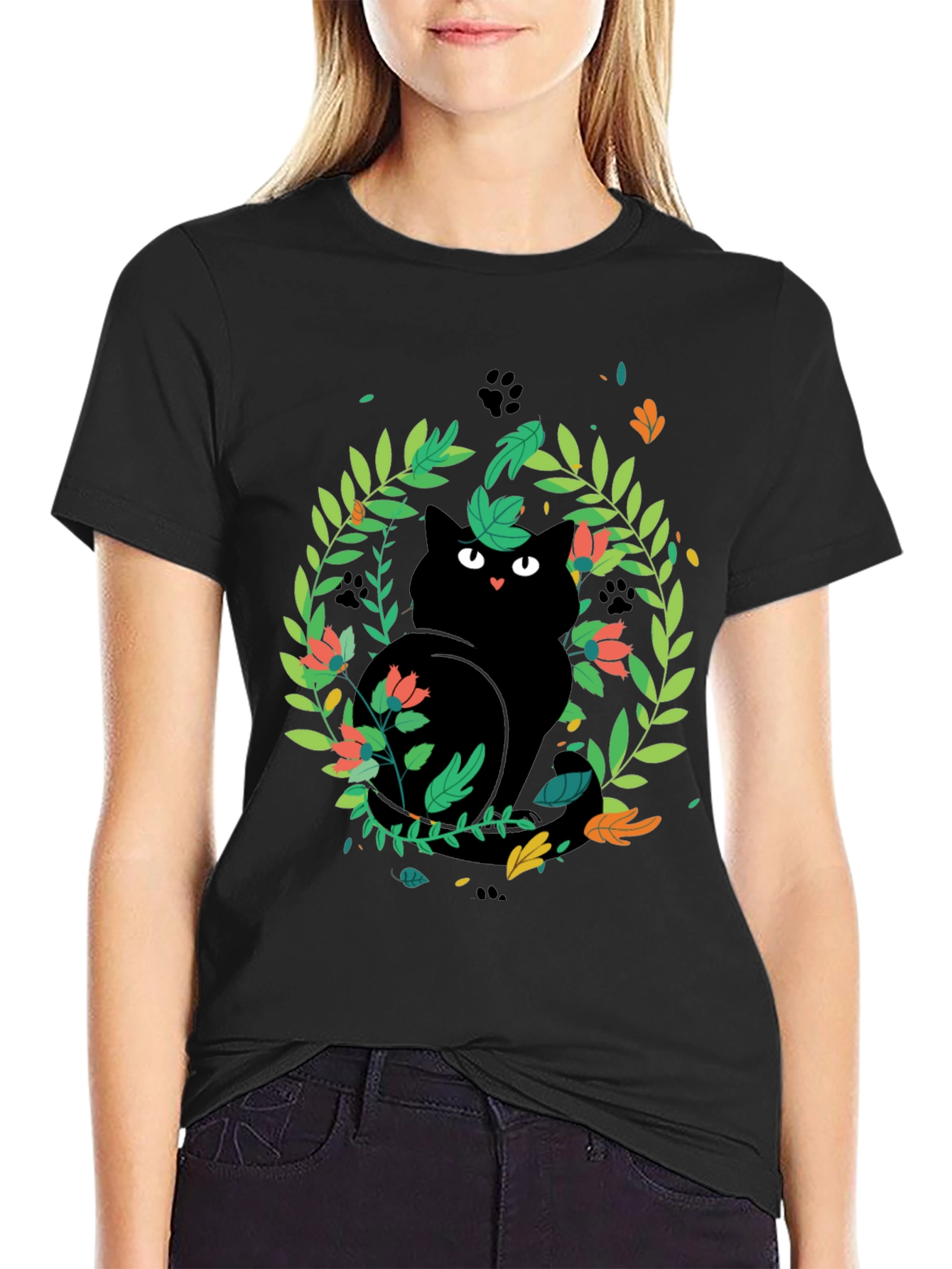 Black Cat Floral Wreath T-Shirt