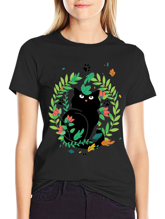Black Cat Floral Wreath T-Shirt