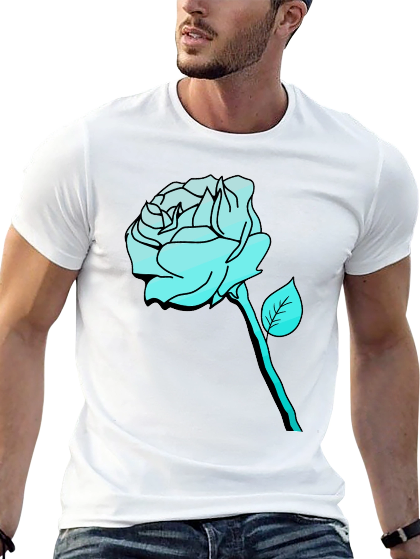 Mens Black T-Shirt with Aqua Rose Graphic
