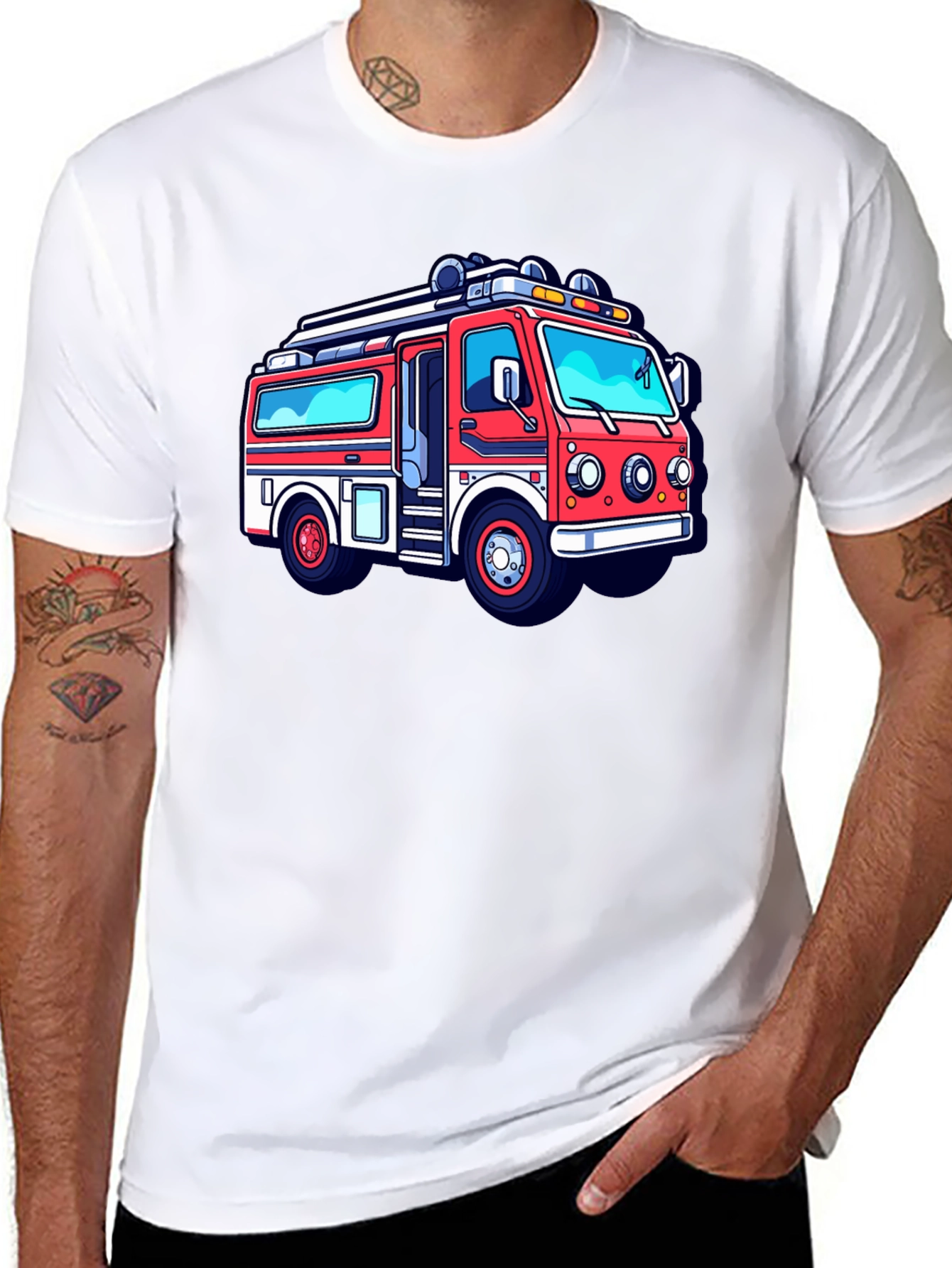 Cartoon Firetruck Graphic Tee - Black