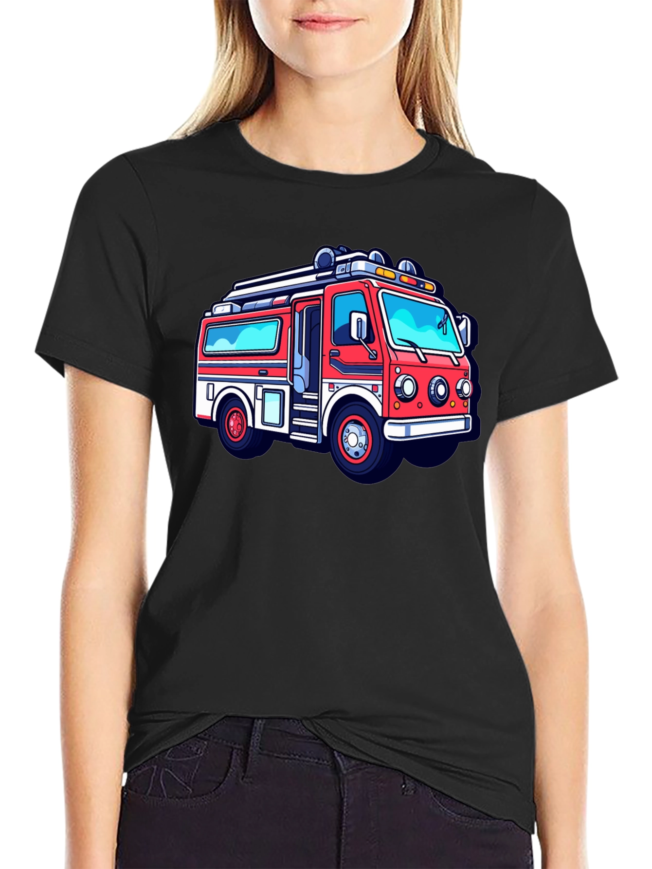 Cartoon Firetruck Graphic Tee - Black