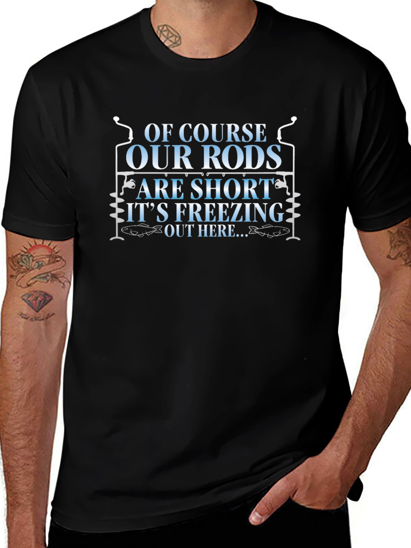 Funny Fishing Rods Mens Black Graphic T-Shirt