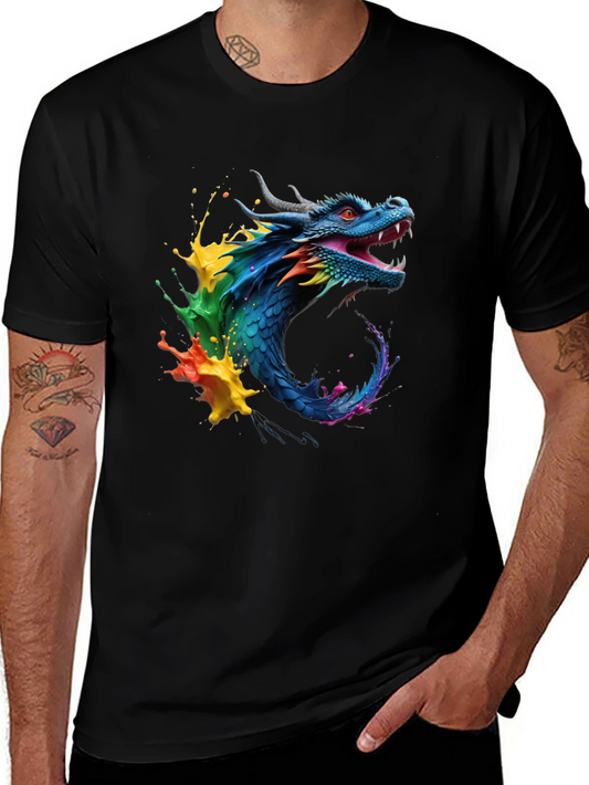 Vibrant Dragon Graphic Tee - Black Cotton Blend