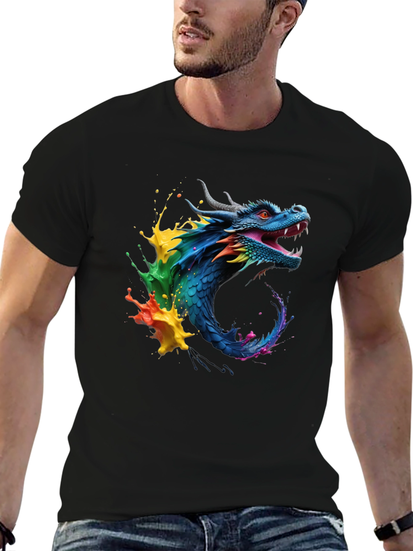 Vibrant Dragon Graphic Tee - Black Cotton Blend