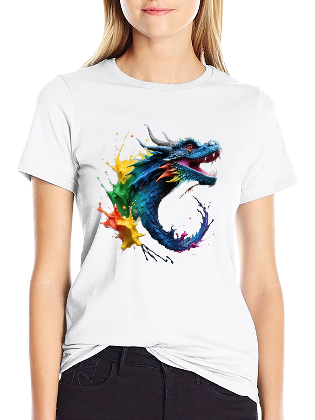 Vibrant Dragon Graphic Tee - Black Cotton Blend