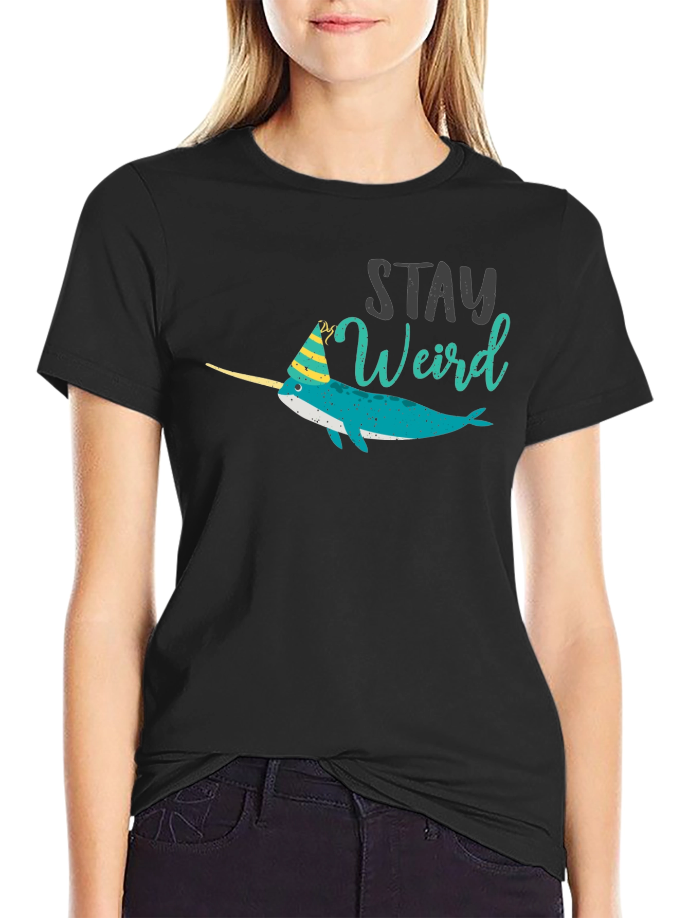 Stay Weird Narwhal T-Shirt - Black Crew Neck Tee