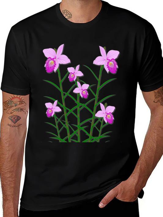 Floral Graphic Tee - Casual Black T-Shirt with Pink Orchids