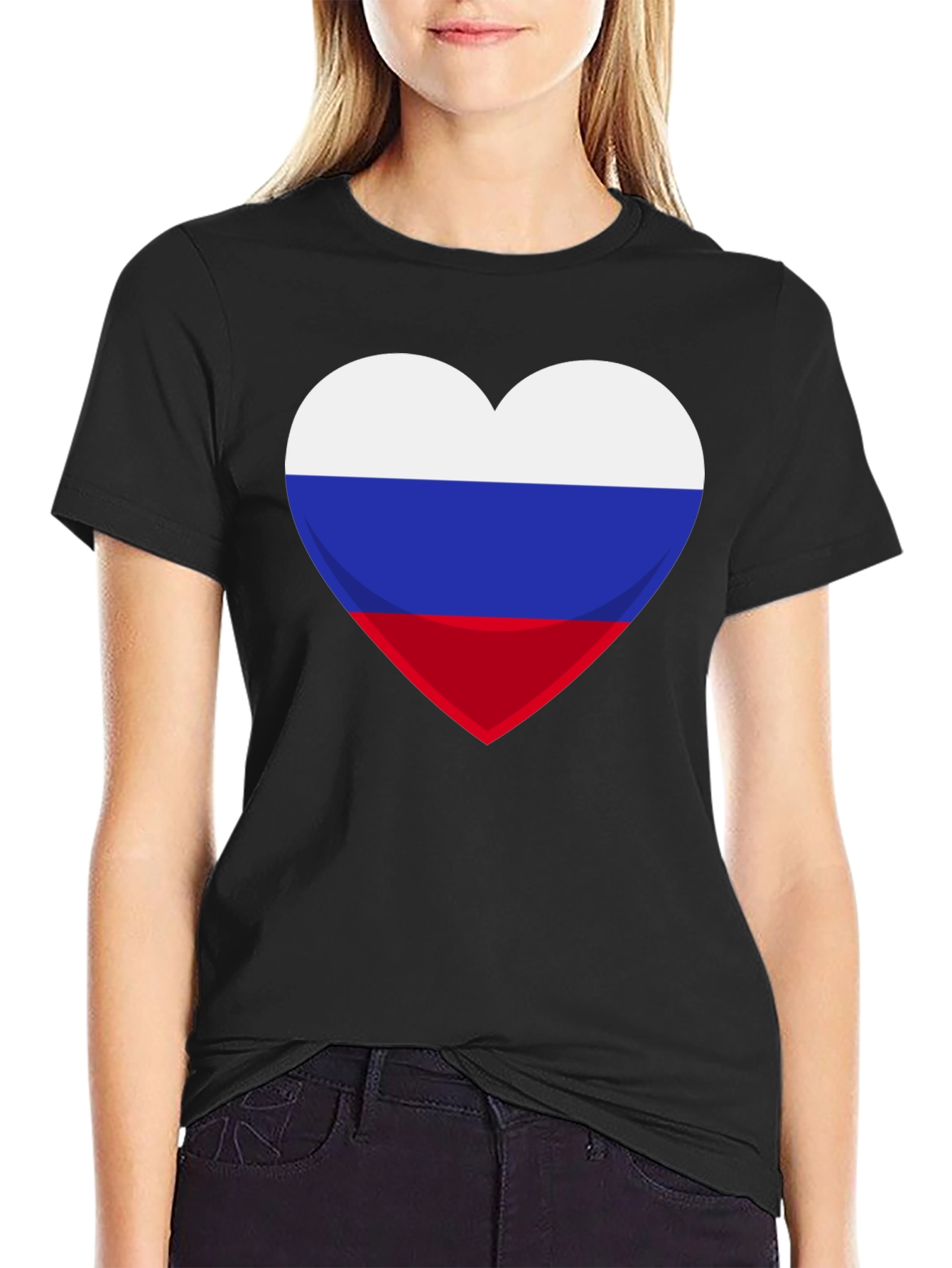 Russian Flag Heart Graphic Tee - Black Cotton T-Shirt