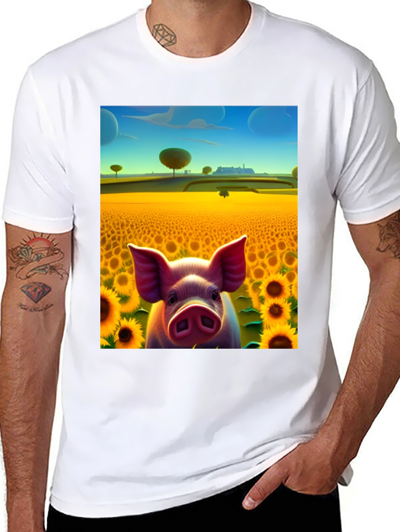 Pig in Sunflower Field Graphic Tee