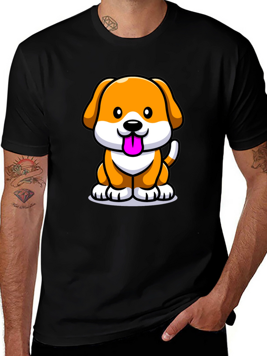 Cartoon Dog Graphic Tee - Black Cotton Blend