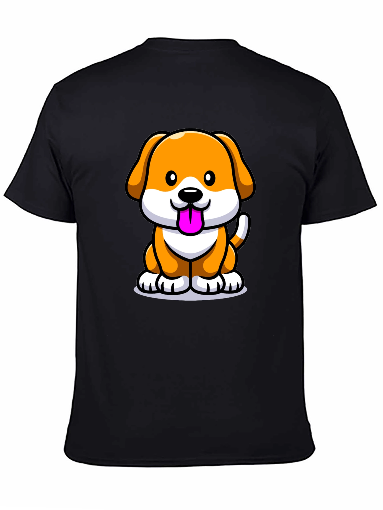 Cartoon Dog Graphic Tee - Black Cotton Blend