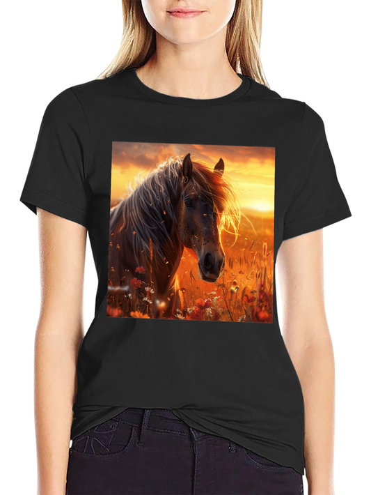 Horse Sunset Graphic Tee - Black Cotton Blend