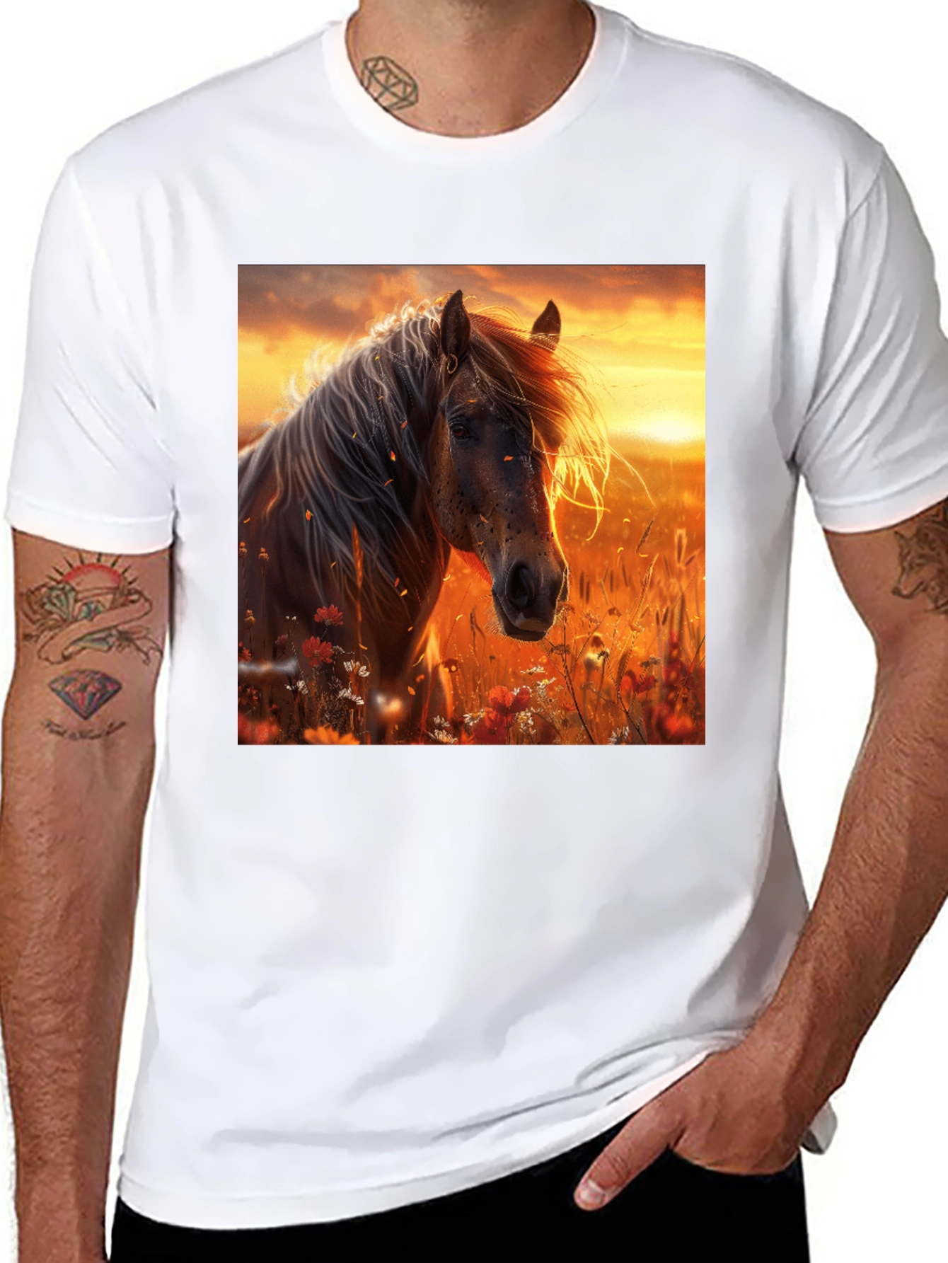 Horse Sunset Graphic Tee - Black Cotton Blend