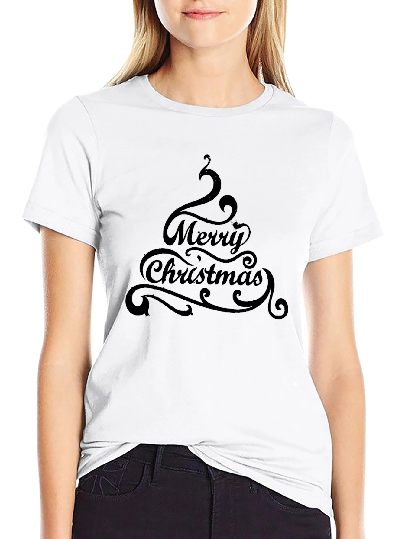 Festive Merry Christmas Tree Graphic Tee - Black
