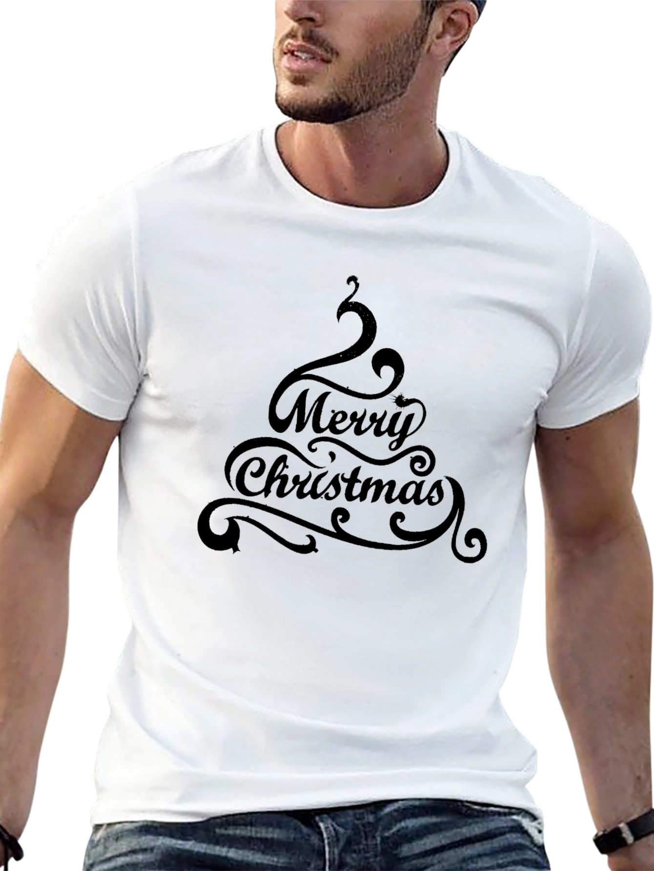 Festive Merry Christmas Tree Graphic Tee - Black