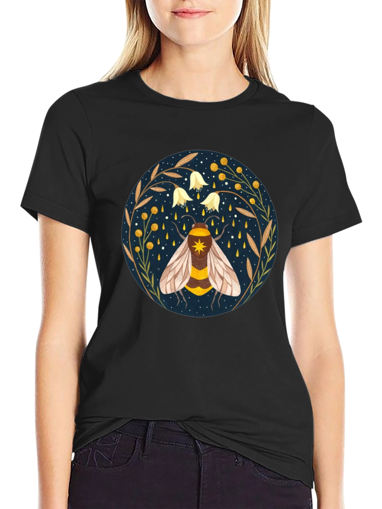 Enchanted Bee Graphic Tee - Celestial Honeycomb Design