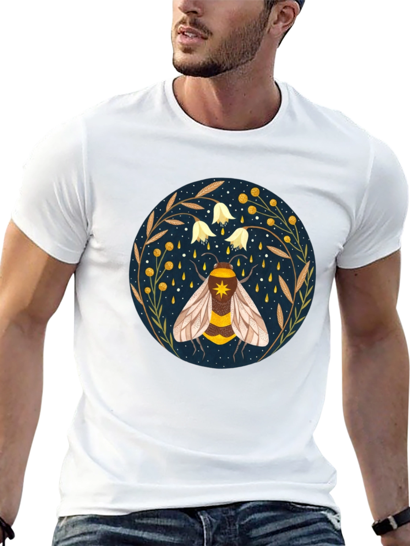 Enchanted Bee Graphic Tee - Celestial Honeycomb Design
