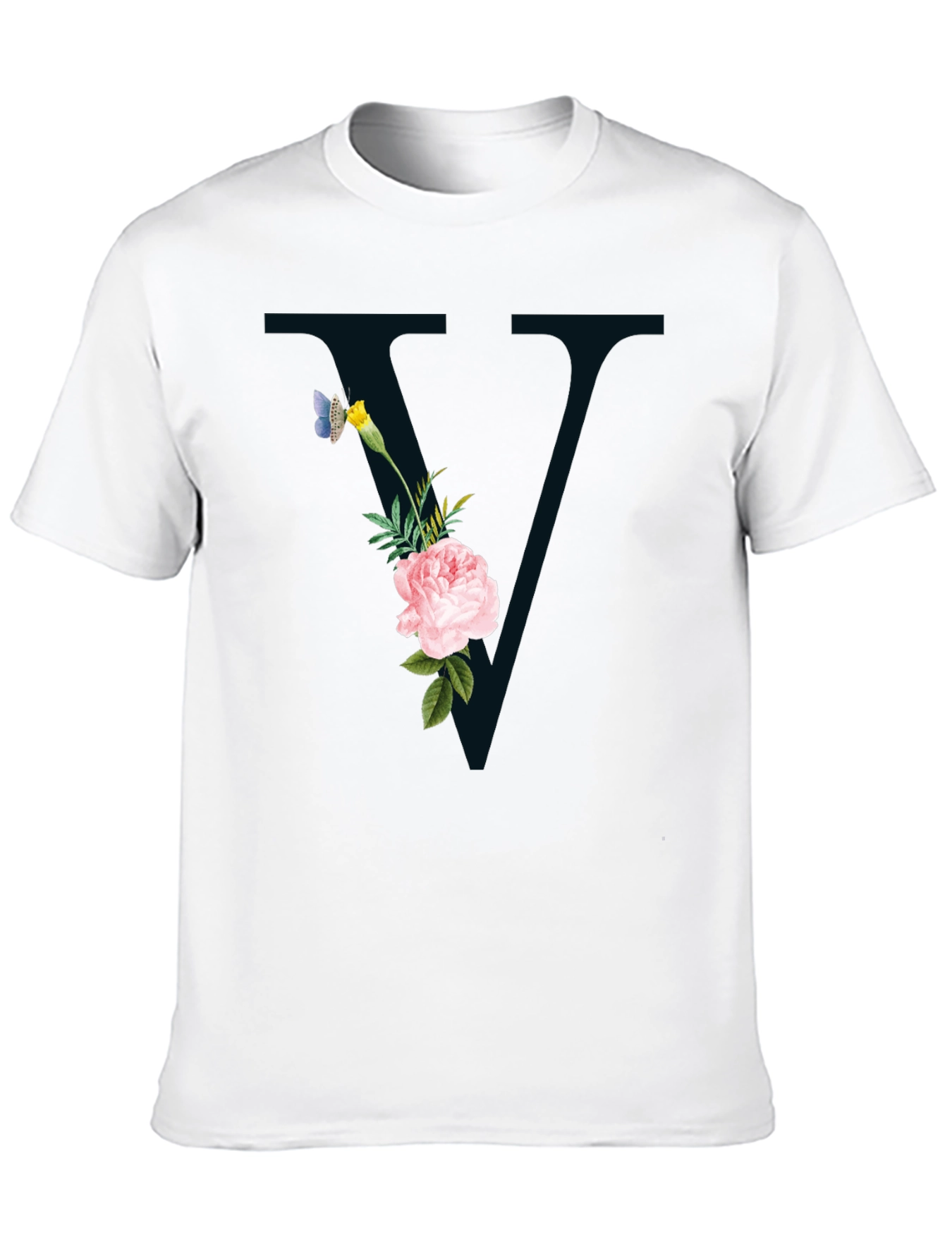 Floral Initial V Black T-Shirt