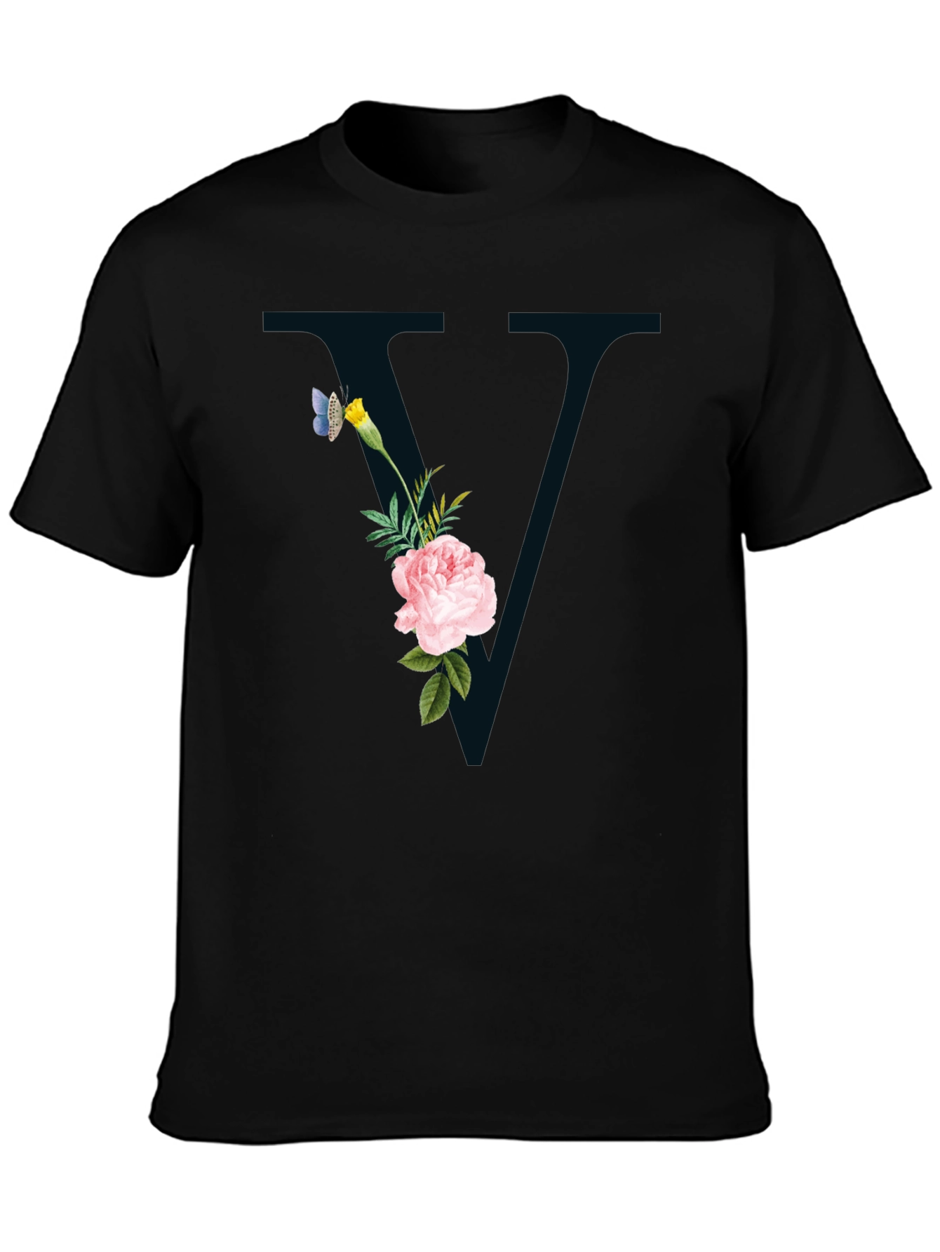 Floral Initial V Black T-Shirt