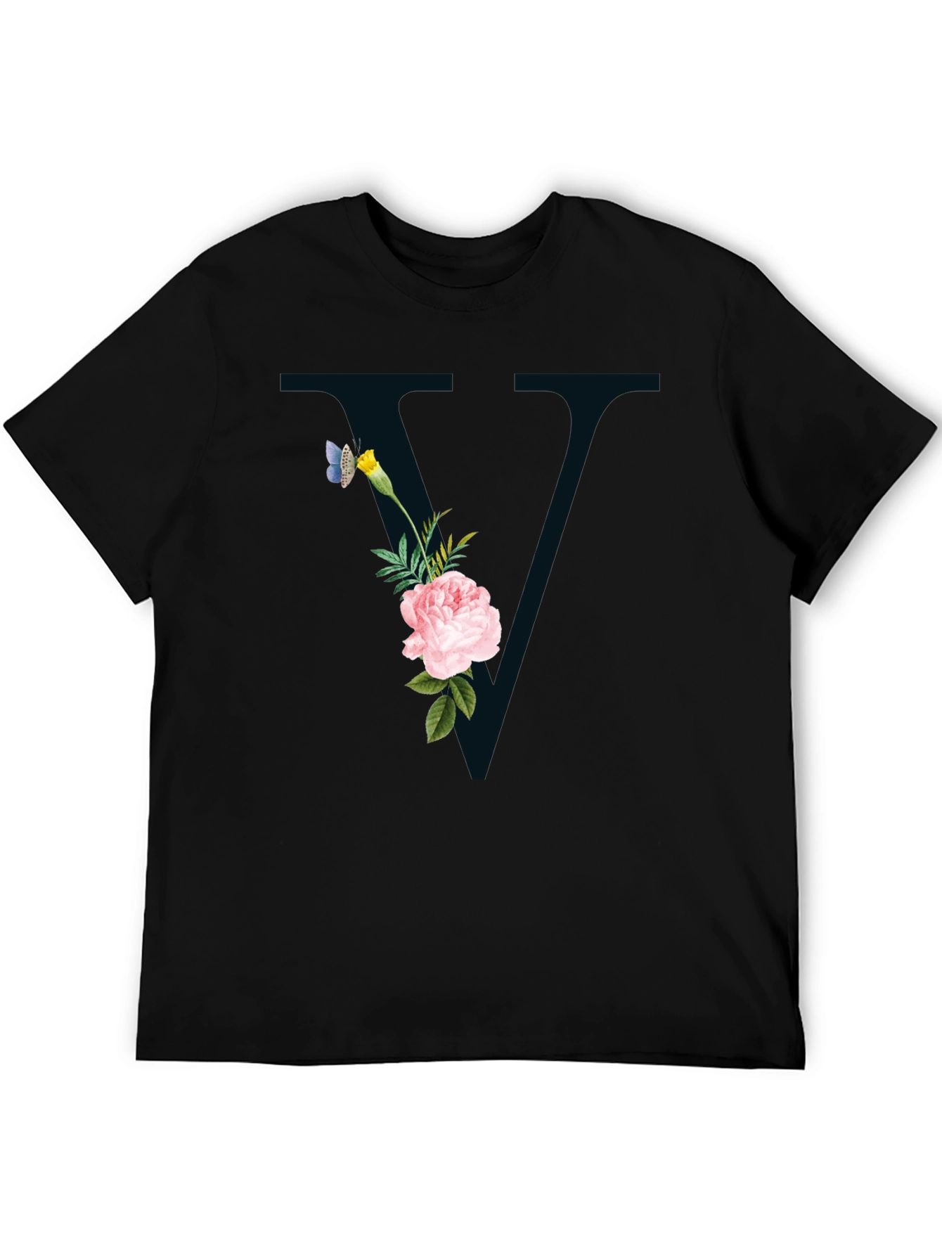 Floral Initial V Black T-Shirt