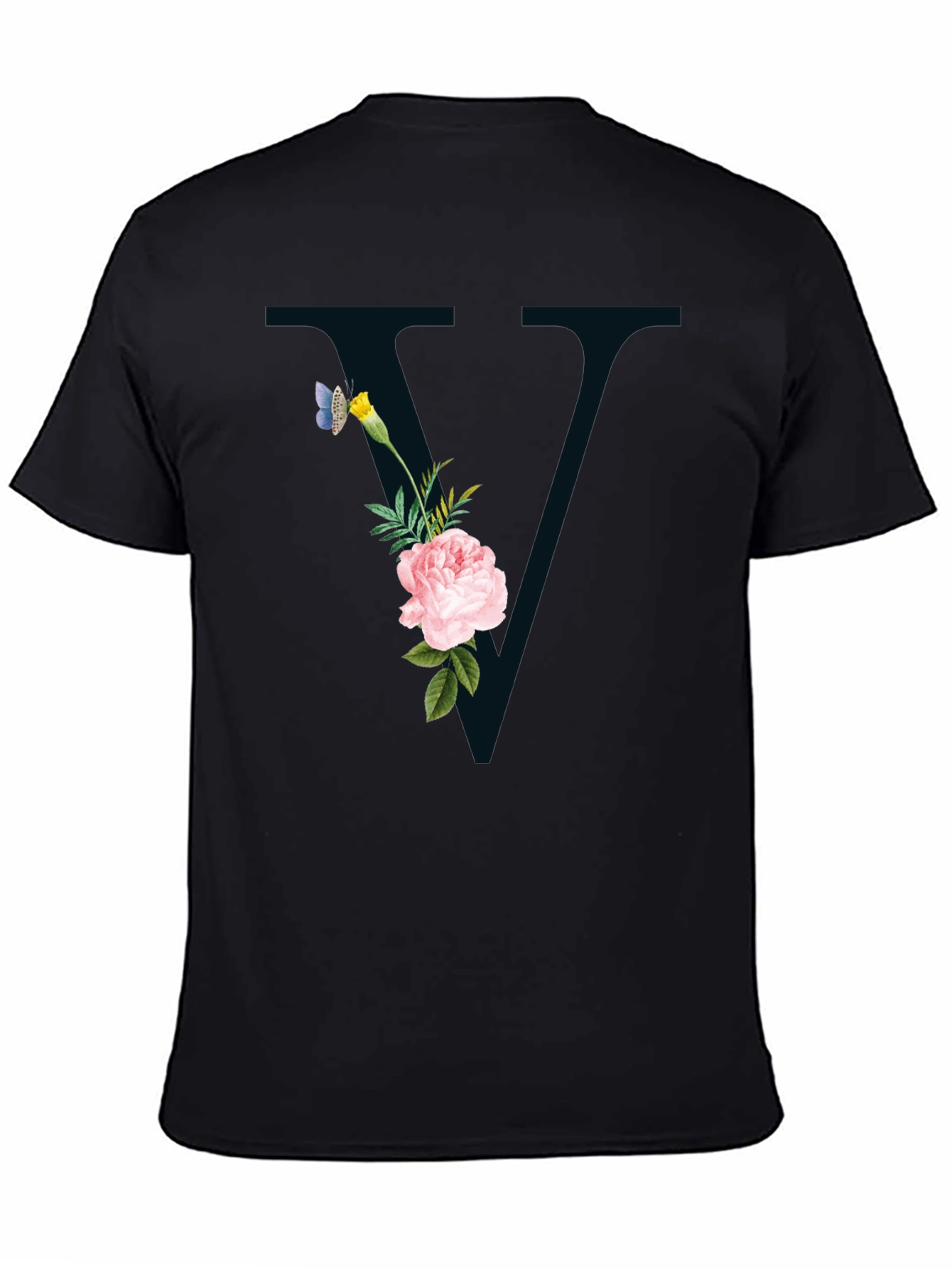 Floral Initial V Black T-Shirt