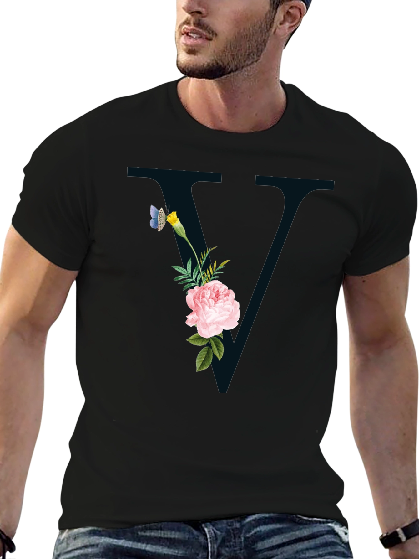 Floral Initial V Black T-Shirt