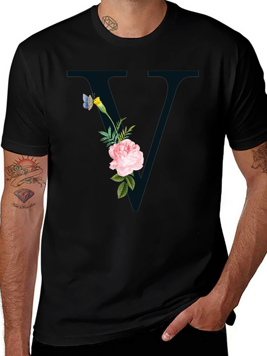 Floral Initial V Black T-Shirt