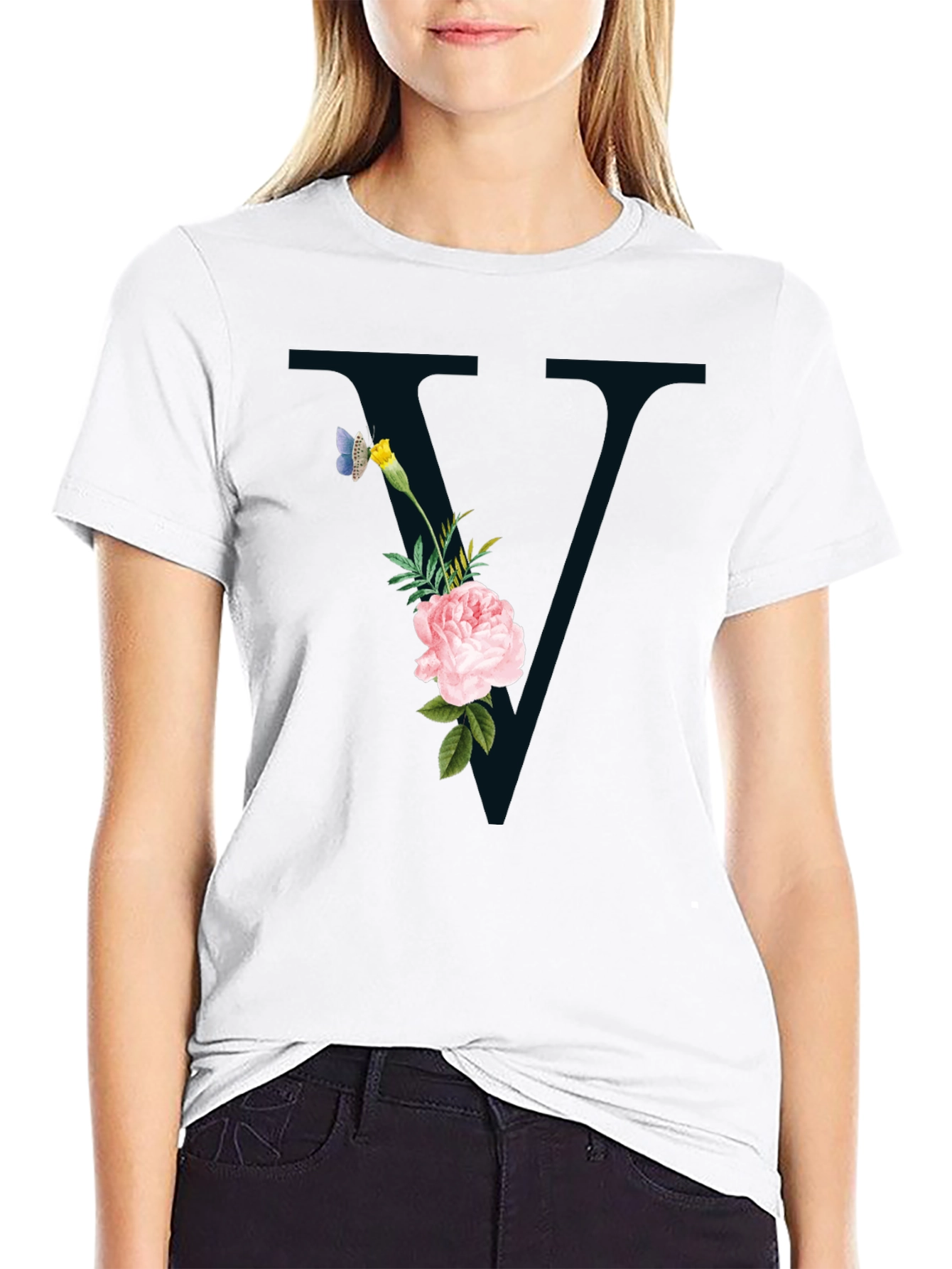Floral Initial V Black T-Shirt
