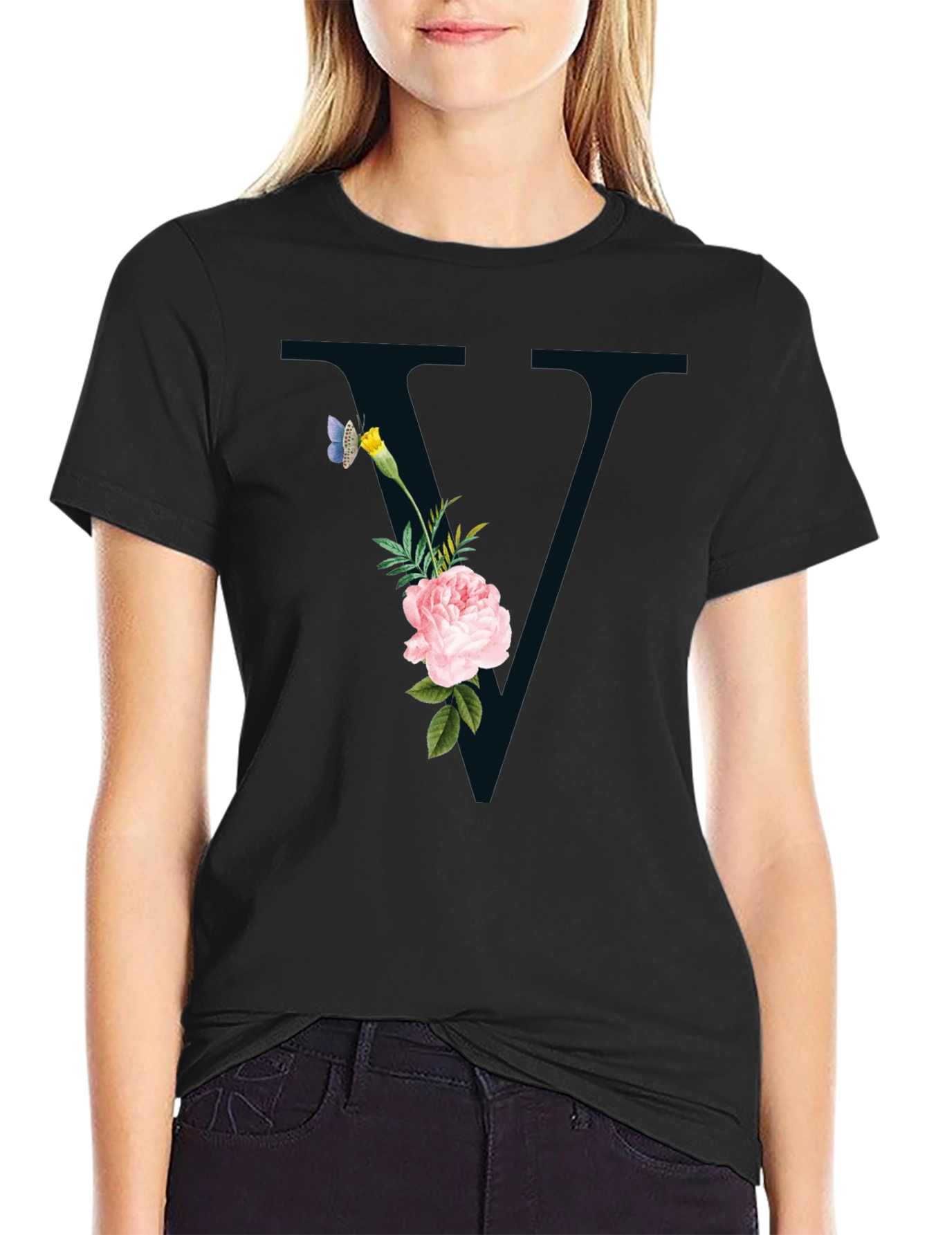 Floral Initial V Black T-Shirt