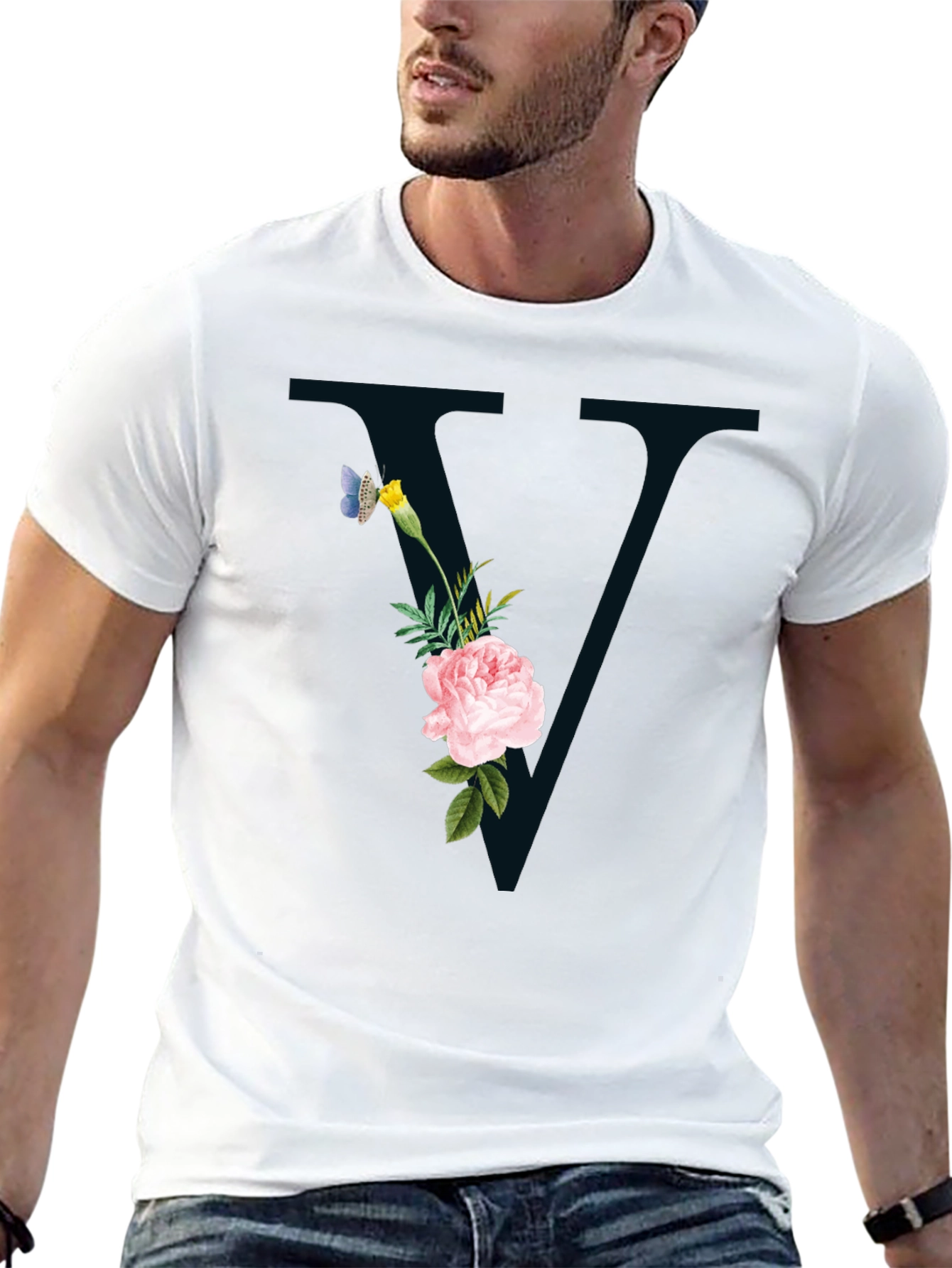 Floral Initial V Black T-Shirt
