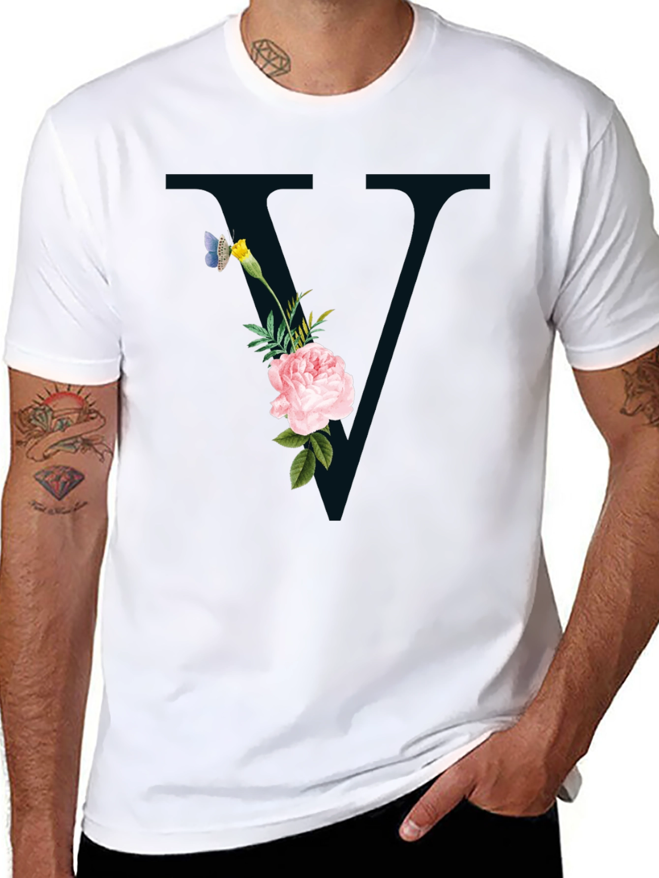 Floral Initial V Black T-Shirt