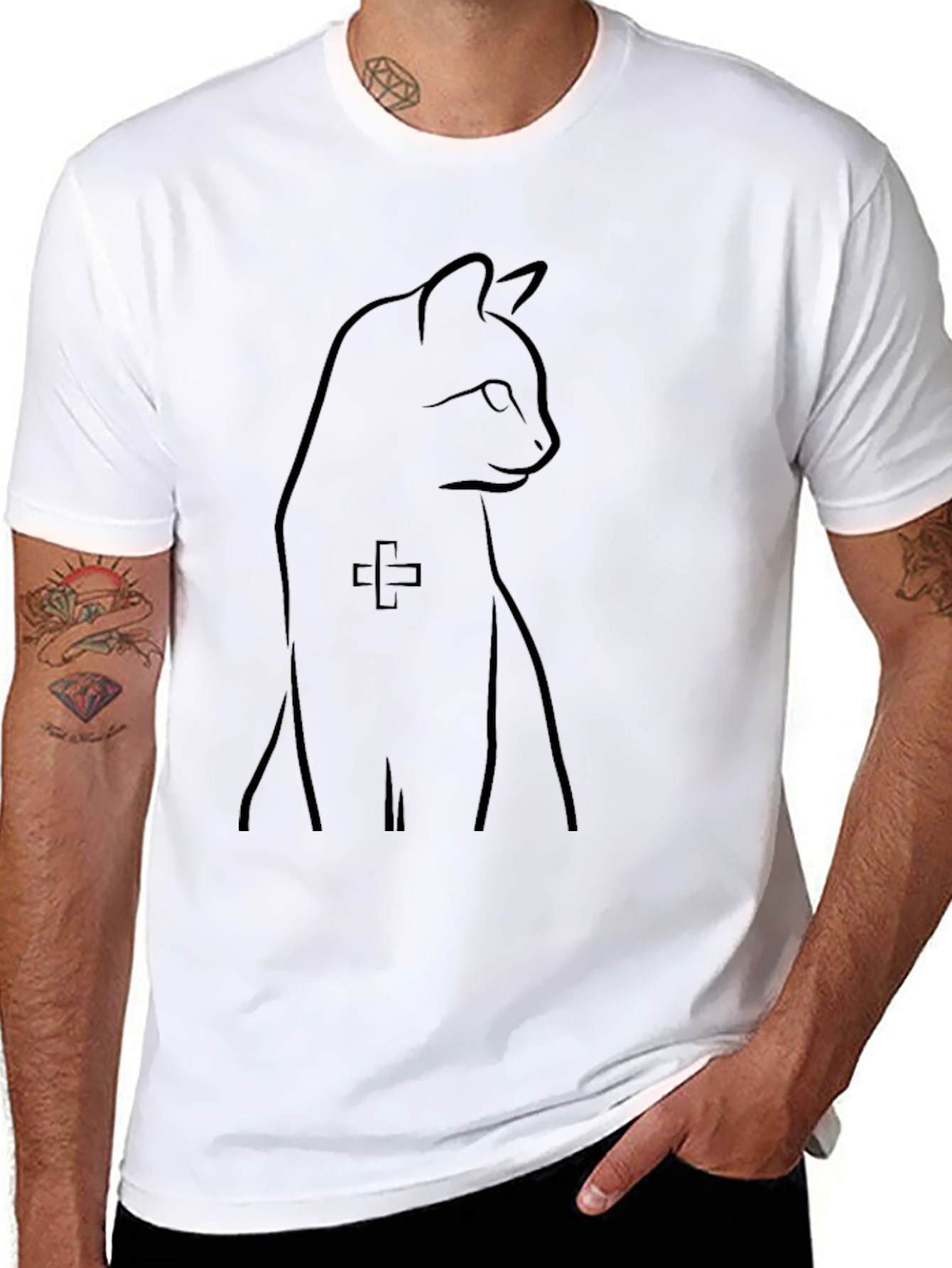 Minimalist Cat Line Art Black T-Shirt