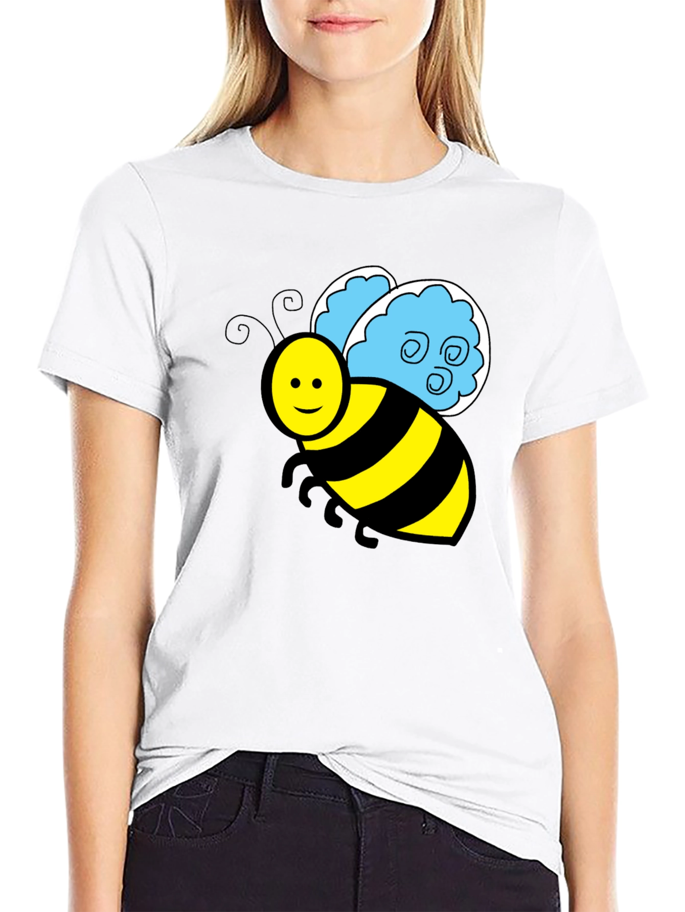 Cartoon Bee Graphic T-Shirt - Black Crew Neck Tee