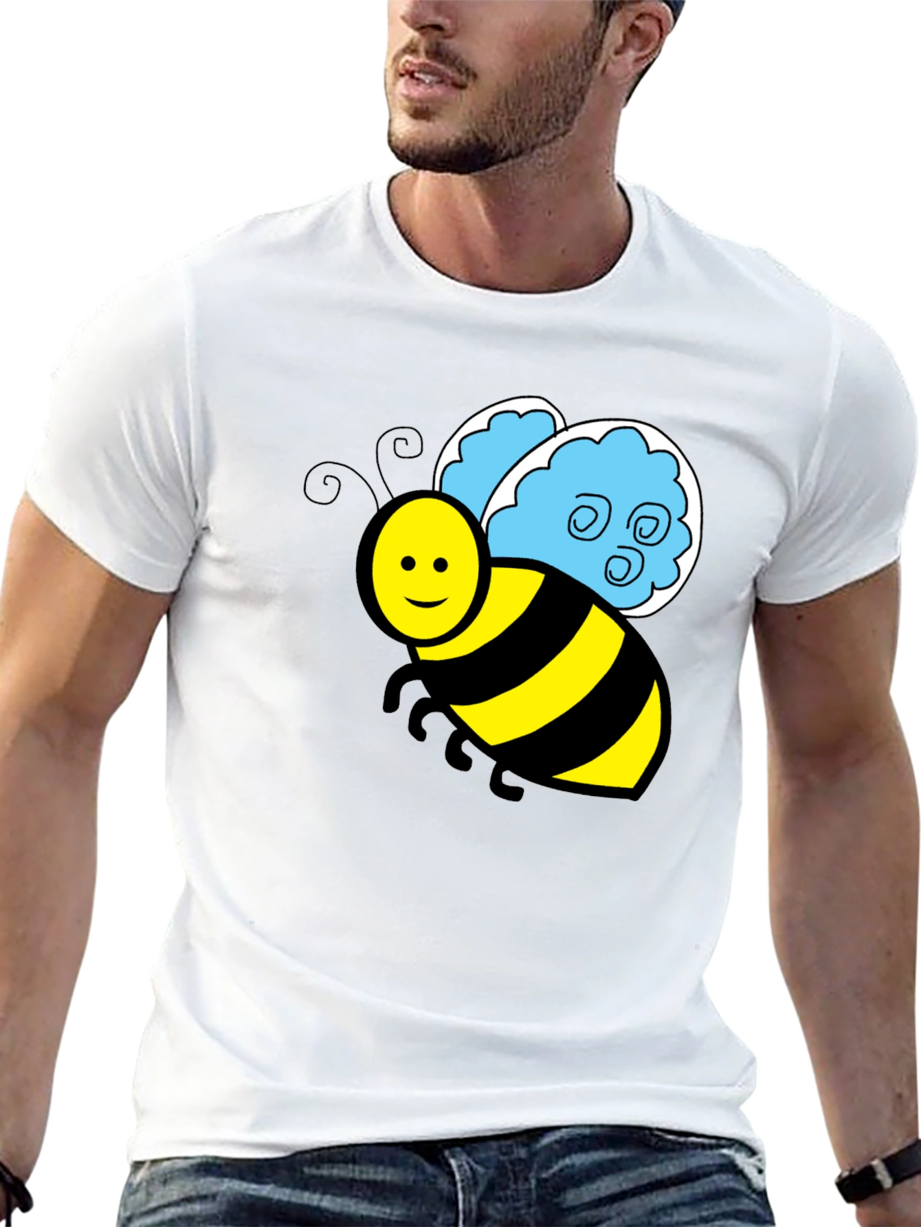 Cartoon Bee Graphic T-Shirt - Black Crew Neck Tee