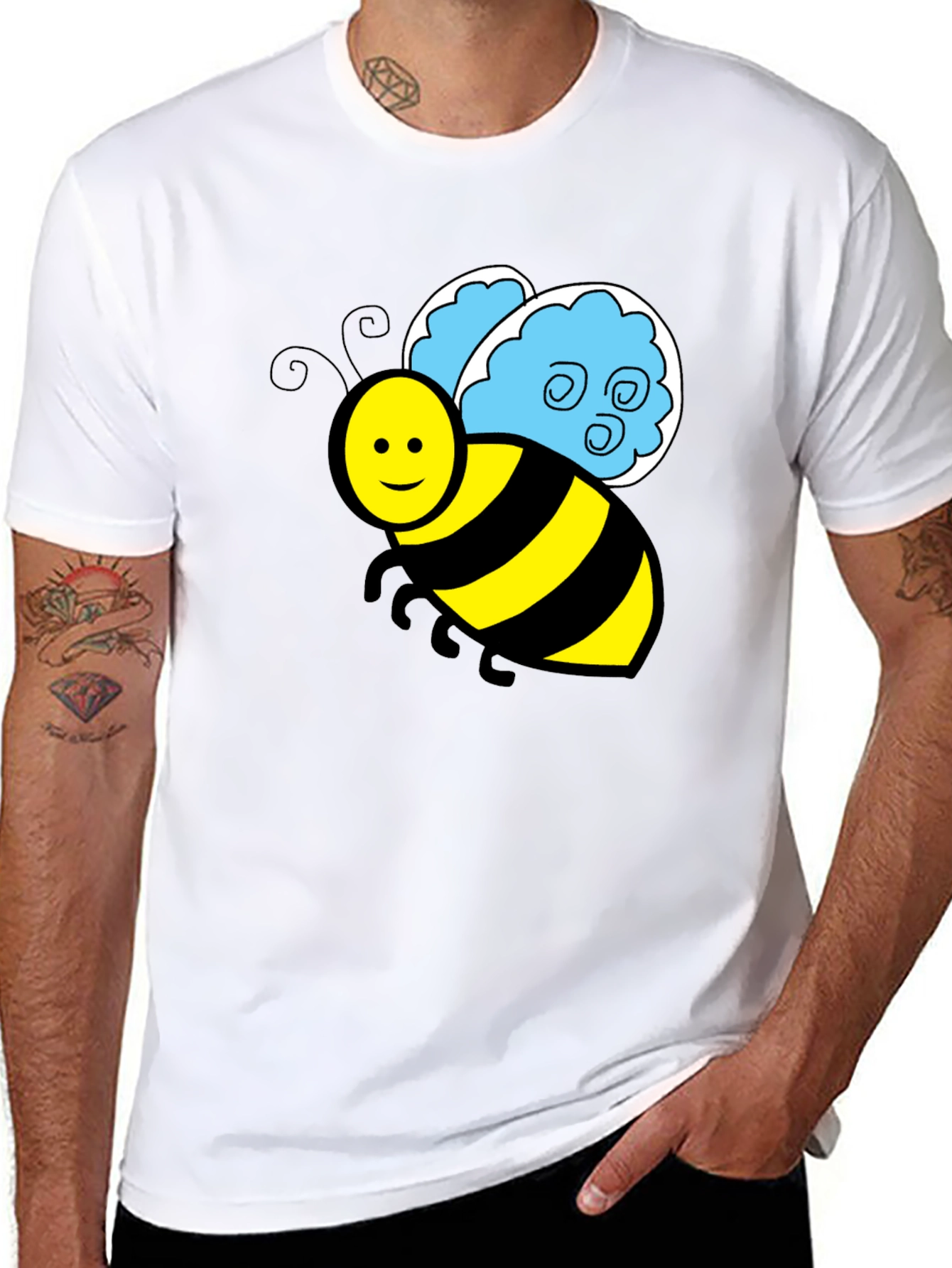 Cartoon Bee Graphic T-Shirt - Black Crew Neck Tee